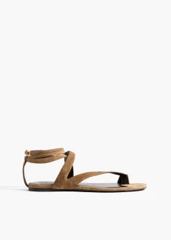 Aimee Ankle Strap Flat Sandal in Taupe Suede