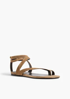 Aimee Ankle Strap Flat Sandal in Taupe Suede