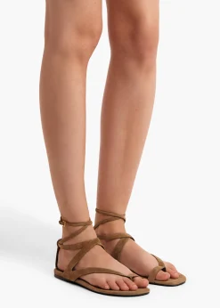 Aimee Ankle Strap Flat Sandal in Taupe Suede