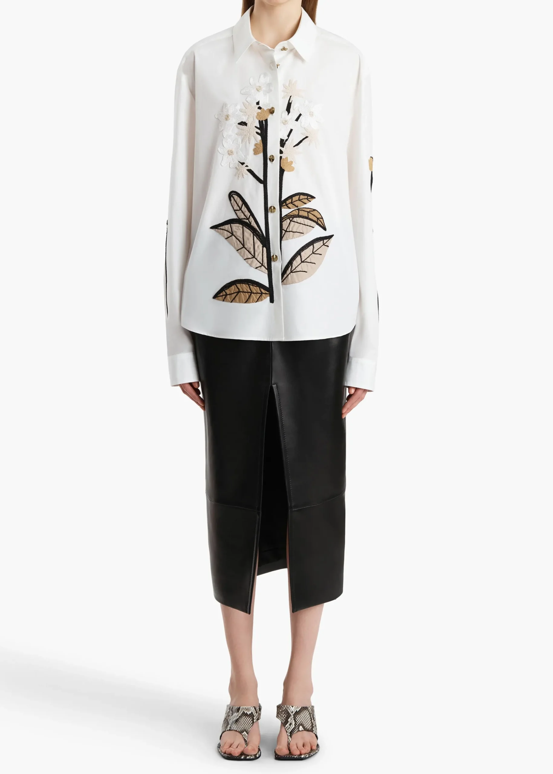 Argo Top in Chalk Cotton with Floral Embroidery