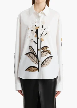 Argo Top in Chalk Cotton with Floral Embroidery
