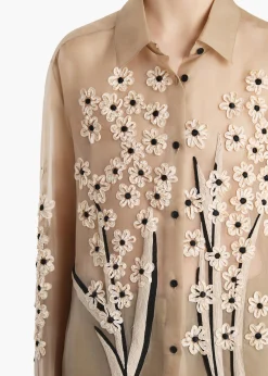 Argo Top in Chalk Organza with Floral Bouquet Embroidery