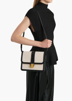 Blake Crossbody Bag in Black Leather with Natural Canvas