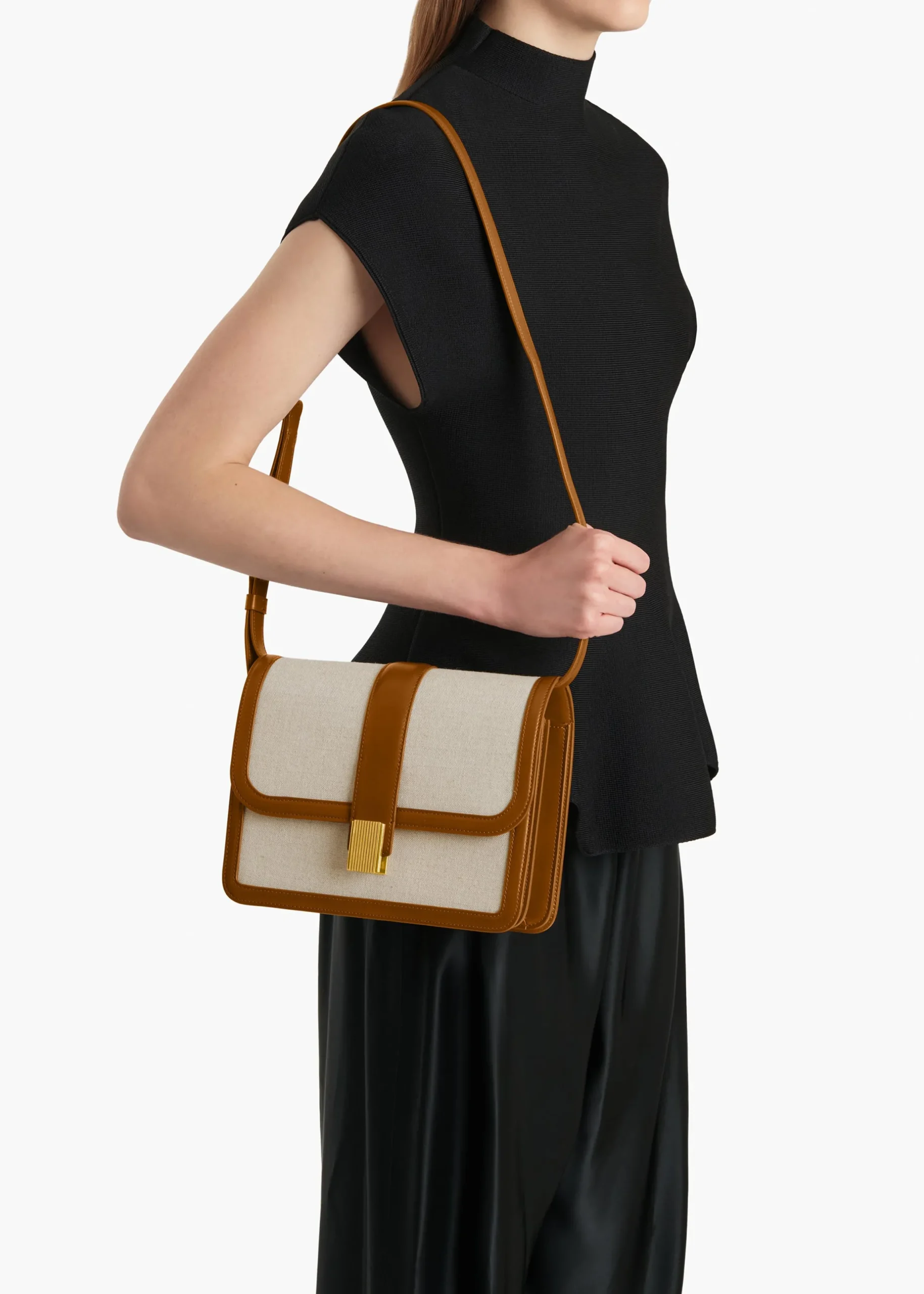 Blake Crossbody Bag in Dark Honey Leather with Natural Canvas