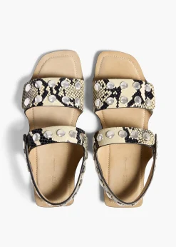 Boden Sandal in Natural Python-Embossed Leather with Silver Studs
