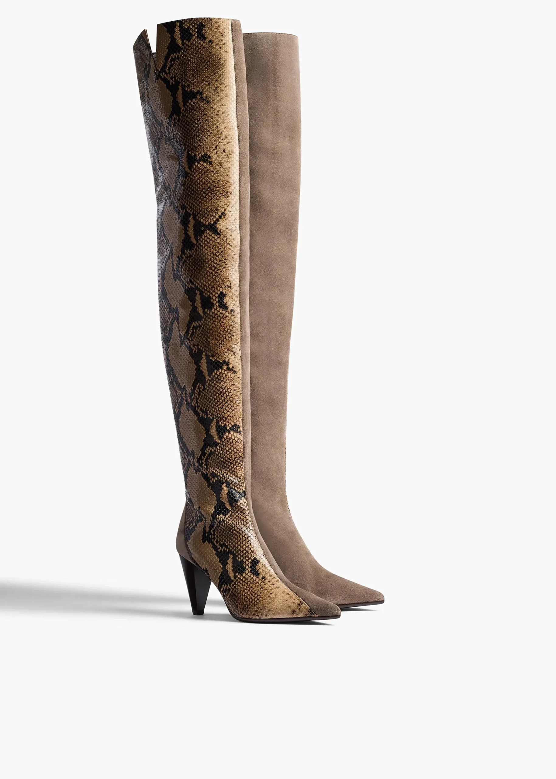 Harvey Over-the-Knee High Boot in Morning Dove Suede and Taupe Python-