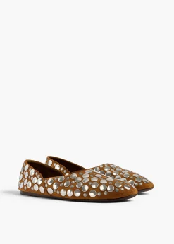 Jane Flat in Caramel Suede with Silver Studs