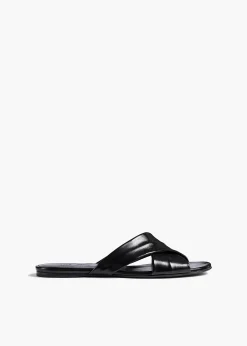 Liria Flat Sandal in Black Glazed Leather