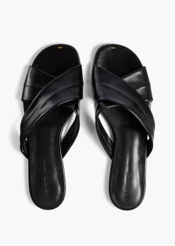 Liria Flat Sandal in Black Glazed Leather