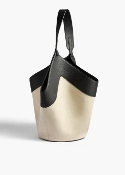 Medium Lotus Tote in Black Leather and Natural Canvas