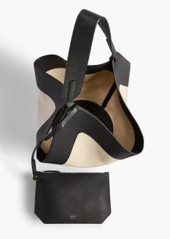 Medium Lotus Tote in Black Leather and Natural Canvas