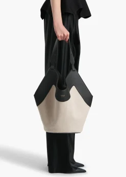 Medium Lotus Tote in Black Leather and Natural Canvas