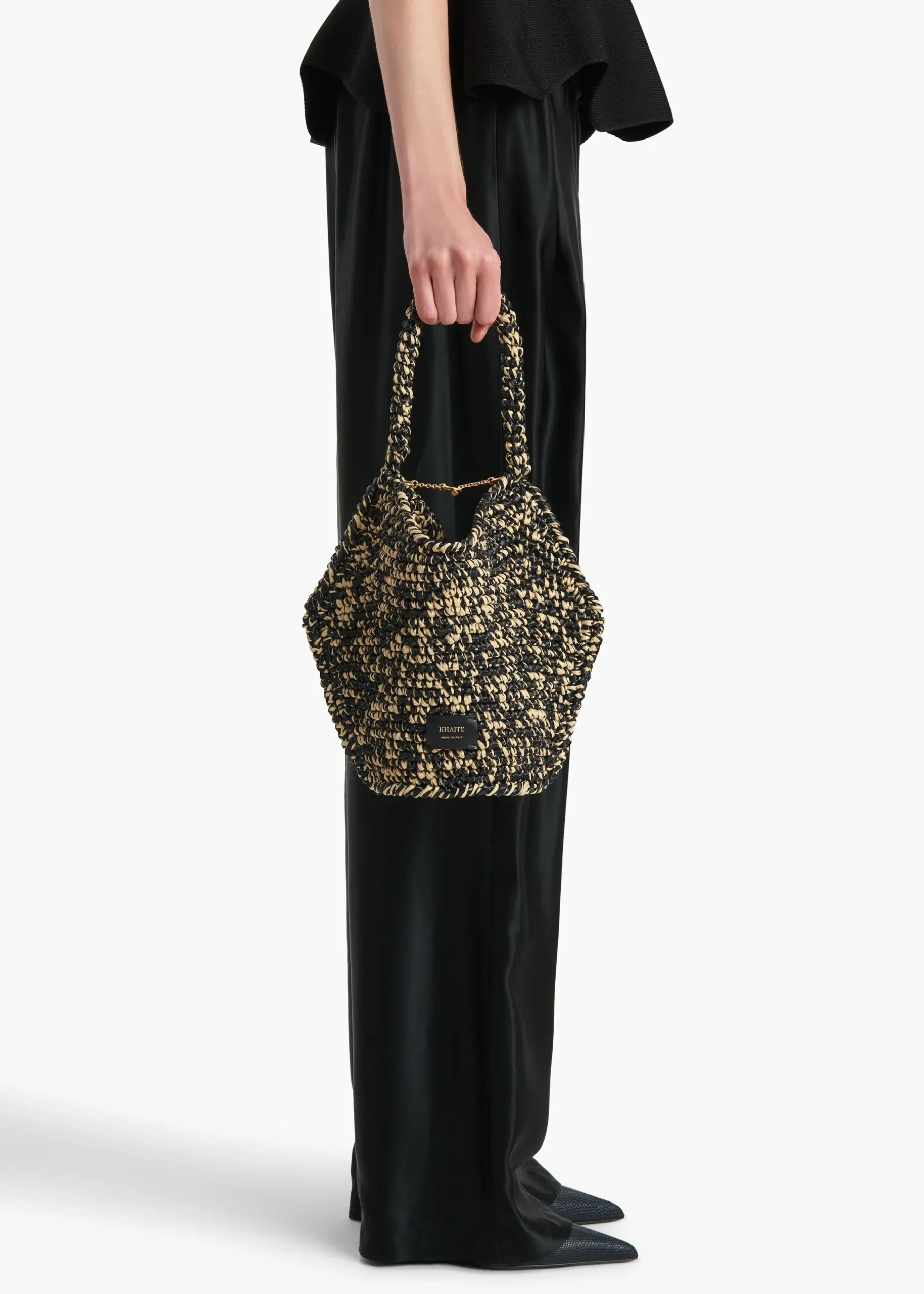 Mini Lotus Tote in Black and White Raffia