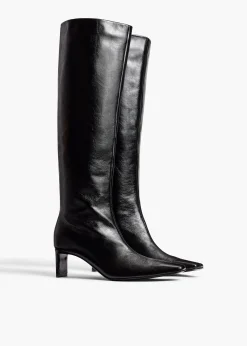 Ona Knee-High Boot in Black Glazed Leather