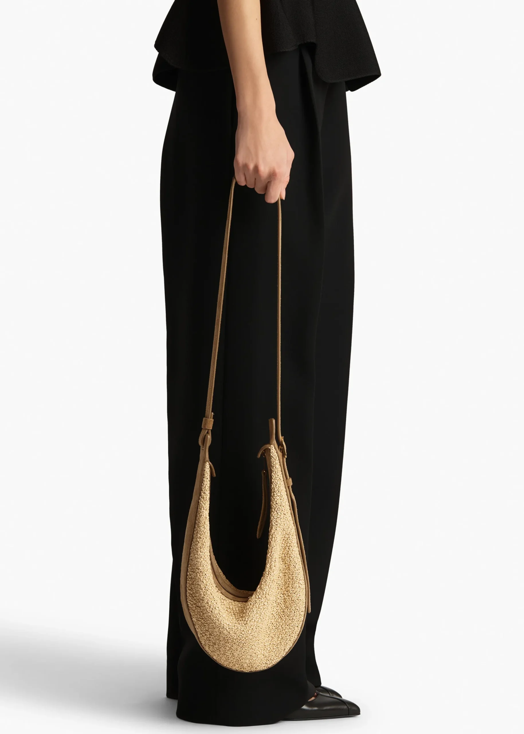 Small Augustina Crossbody Bag in Wheat Suede and Natural Raffia