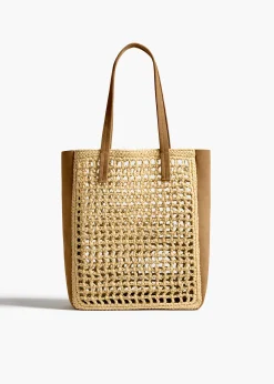 Small Zoe Tote in Natural Raffia with Mud Suede